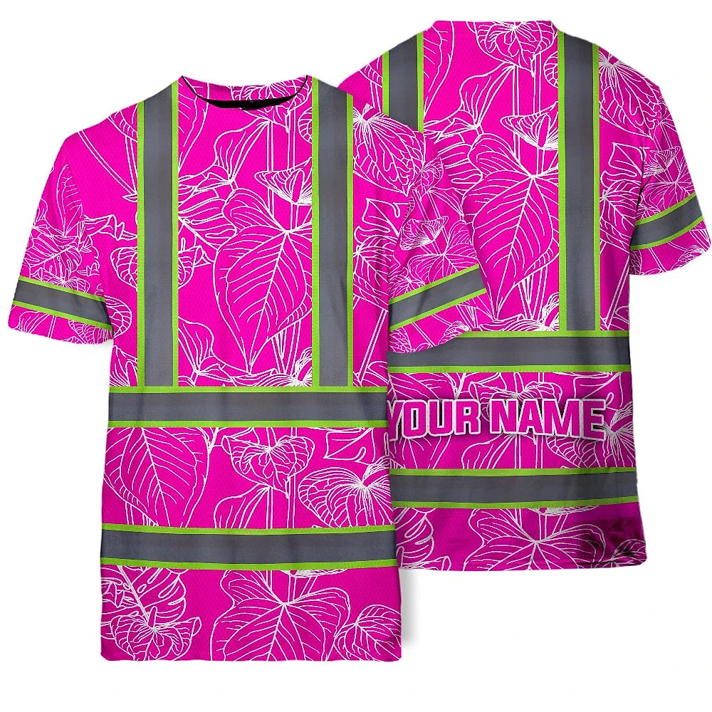 Hi Vis Shirt Reflective Tapes Pink Neon Flowers Custom Name Safety Workwear For Workers, Truckers, Operators