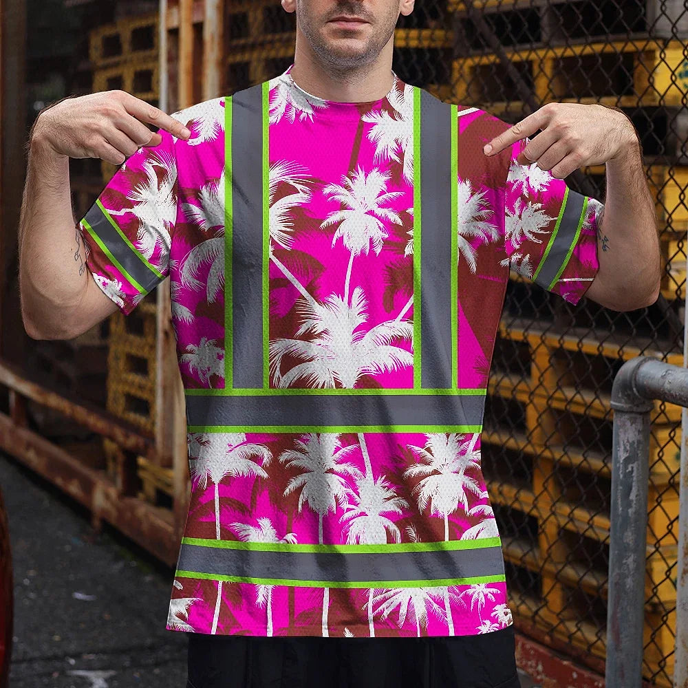 Hi Vis Shirt Reflective Tapes Pink Neon Flowers Custom Name Safety Workwear For Workers, Truckers, Operators