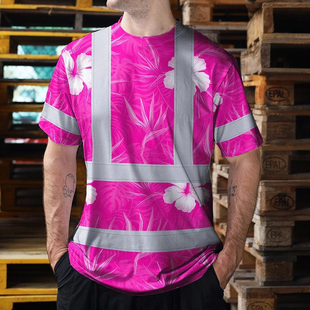 Hi Vis Shirt Reflective Tapes Pink Neon Flowers Custom Name Safety Workwear For Workers, Truckers, Operators