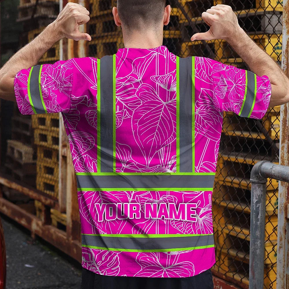 Hi Vis Shirt Reflective Tapes Pink Neon Flowers Custom Name Safety Workwear For Workers, Truckers, Operators
