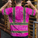 Hi Vis Shirt Reflective Tapes Pink Neon Flowers Custom Name Safety Workwear For Workers, Truckers, Operators