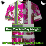 Hi Vis Shirt Reflective Tapes Pink Neon Flowers Custom Name Safety Workwear For Workers, Truckers, Operators