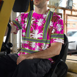Hi Vis Shirt Reflective Tapes Pink Neon Flowers Custom Name Safety Workwear For Workers, Truckers, Operators