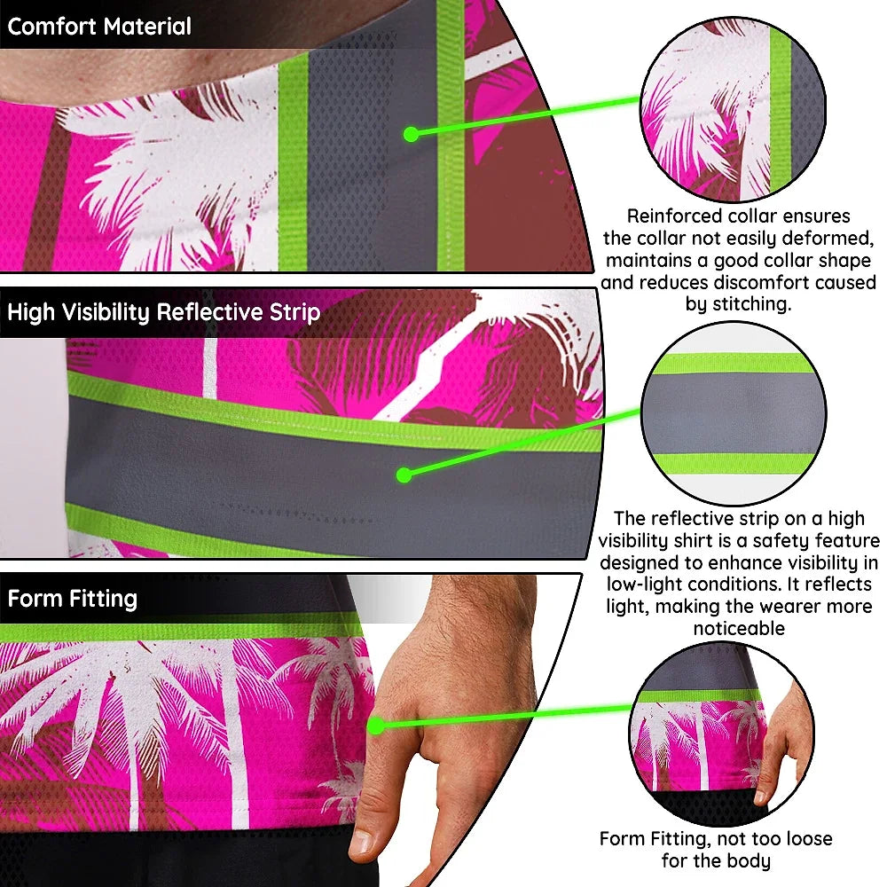 Hi Vis Shirt Reflective Tapes Pink Neon Flowers Custom Name Safety Workwear For Workers, Truckers, Operators