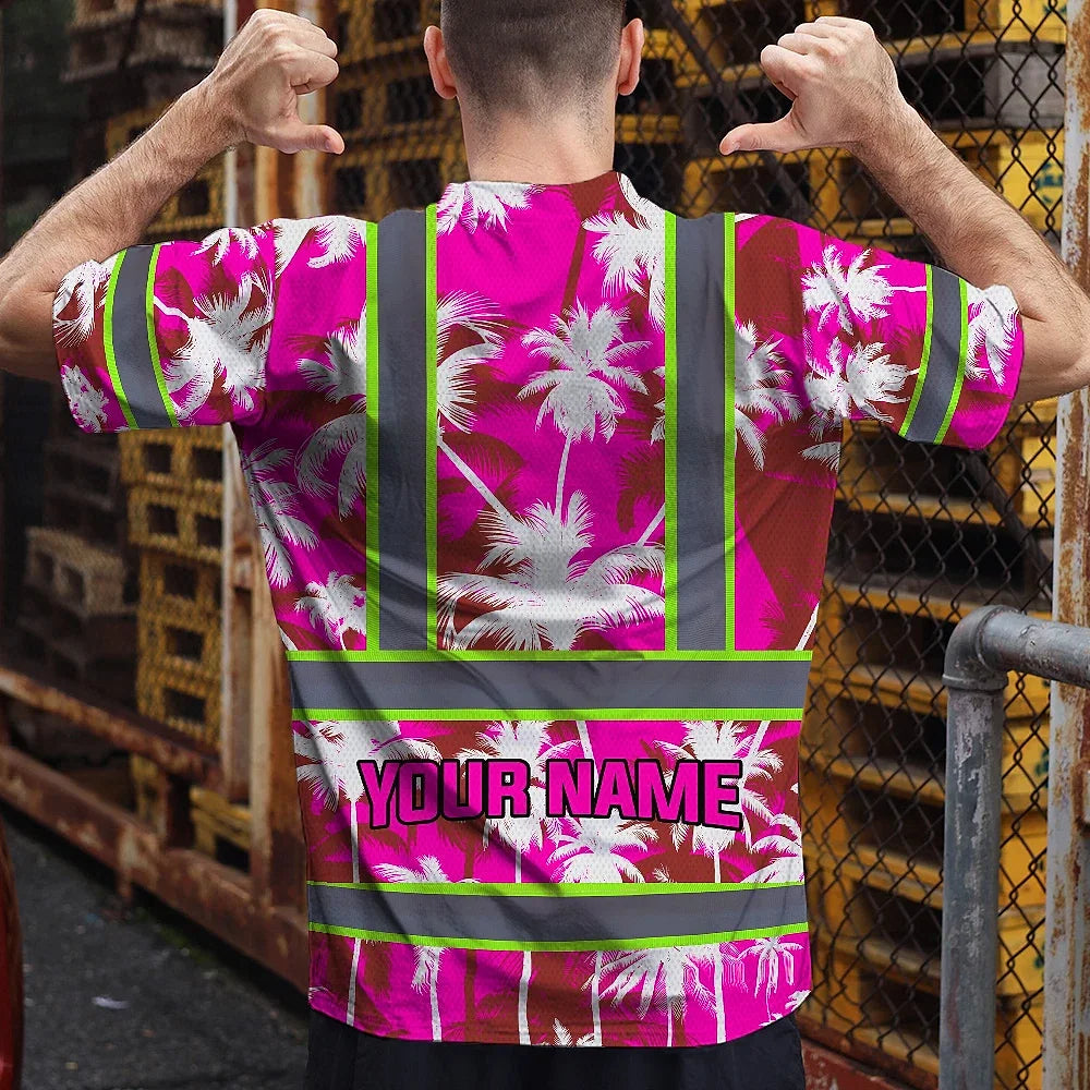 Hi Vis Shirt Reflective Tapes Pink Neon Flowers Custom Name Safety Workwear For Workers, Truckers, Operators