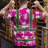 Hi Vis Shirt Reflective Tapes Pink Neon Flowers Custom Name Safety Workwear For Workers, Truckers, Operators
