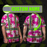 Hi Vis Shirt Reflective Tapes Pink Neon Flowers Custom Name Safety Workwear For Workers, Truckers, Operators
