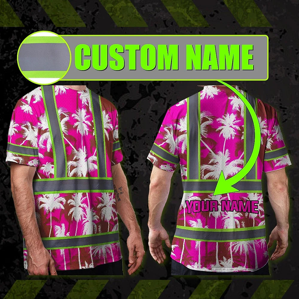 Hi Vis Shirt Reflective Tapes Pink Neon Flowers Custom Name Safety Workwear For Workers, Truckers, Operators