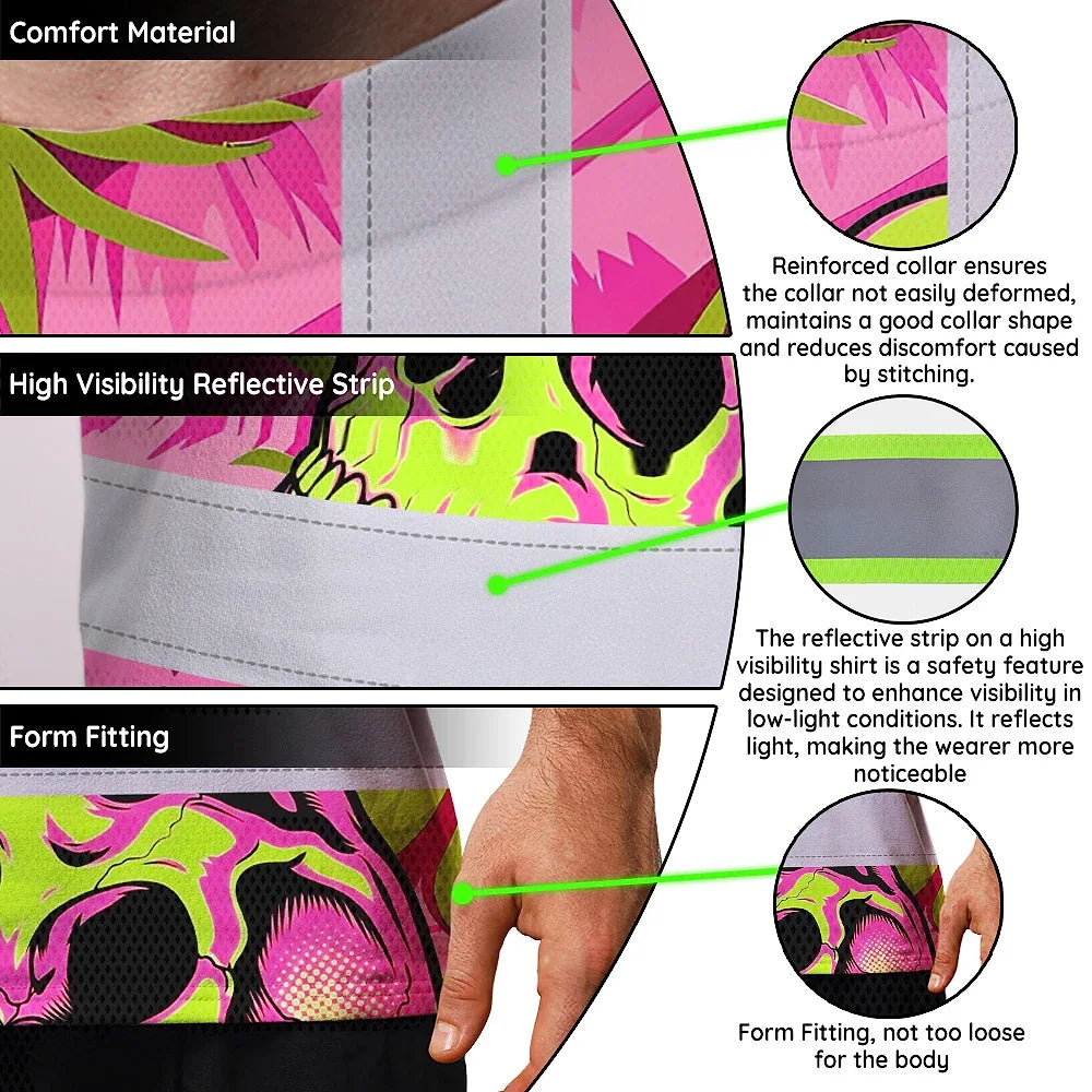 Hi Vis Shirt Reflective Tapes Pink Neon Lime Skull Custom Name Safety Workwear For Workers, Truckers, Operators