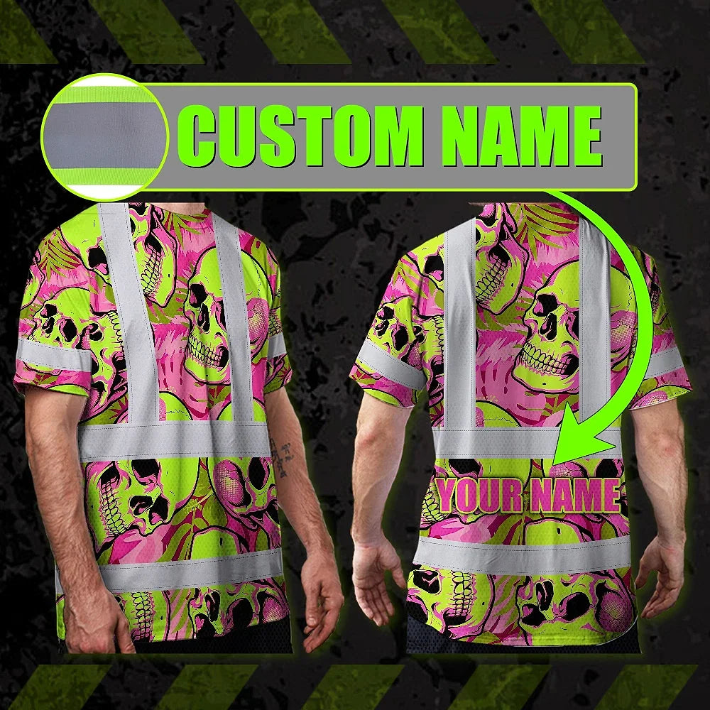 Hi Vis Shirt Reflective Tapes Pink Neon Lime Skull Custom Name Safety Workwear For Workers, Truckers, Operators