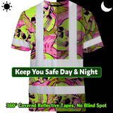 Hi Vis Shirt Reflective Tapes Pink Neon Lime Skull Custom Name Safety Workwear For Workers, Truckers, Operators