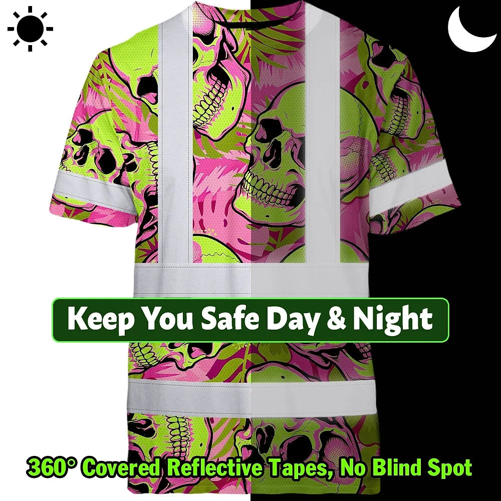 Hi Vis Shirt Reflective Tapes Pink Neon Lime Skull Custom Name Safety Workwear For Workers, Truckers, Operators