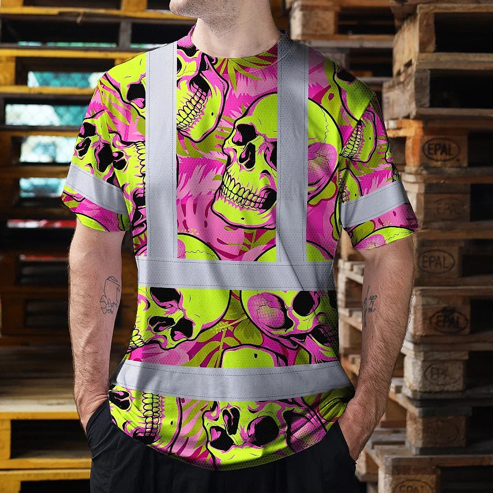 Hi Vis Shirt Reflective Tapes Pink Neon Lime Skull Custom Name Safety Workwear For Workers, Truckers, Operators
