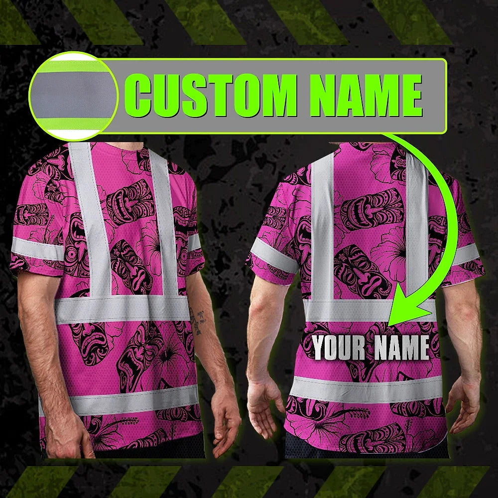 Hi Vis Shirt Reflective Tapes Pink Tiki Custom Name Safety Workwear For Workers, Truckers, Operators