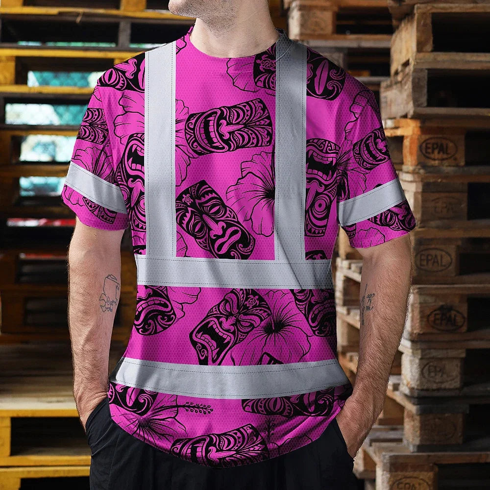 Hi Vis Shirt Reflective Tapes Pink Tiki Custom Name Safety Workwear For Workers, Truckers, Operators
