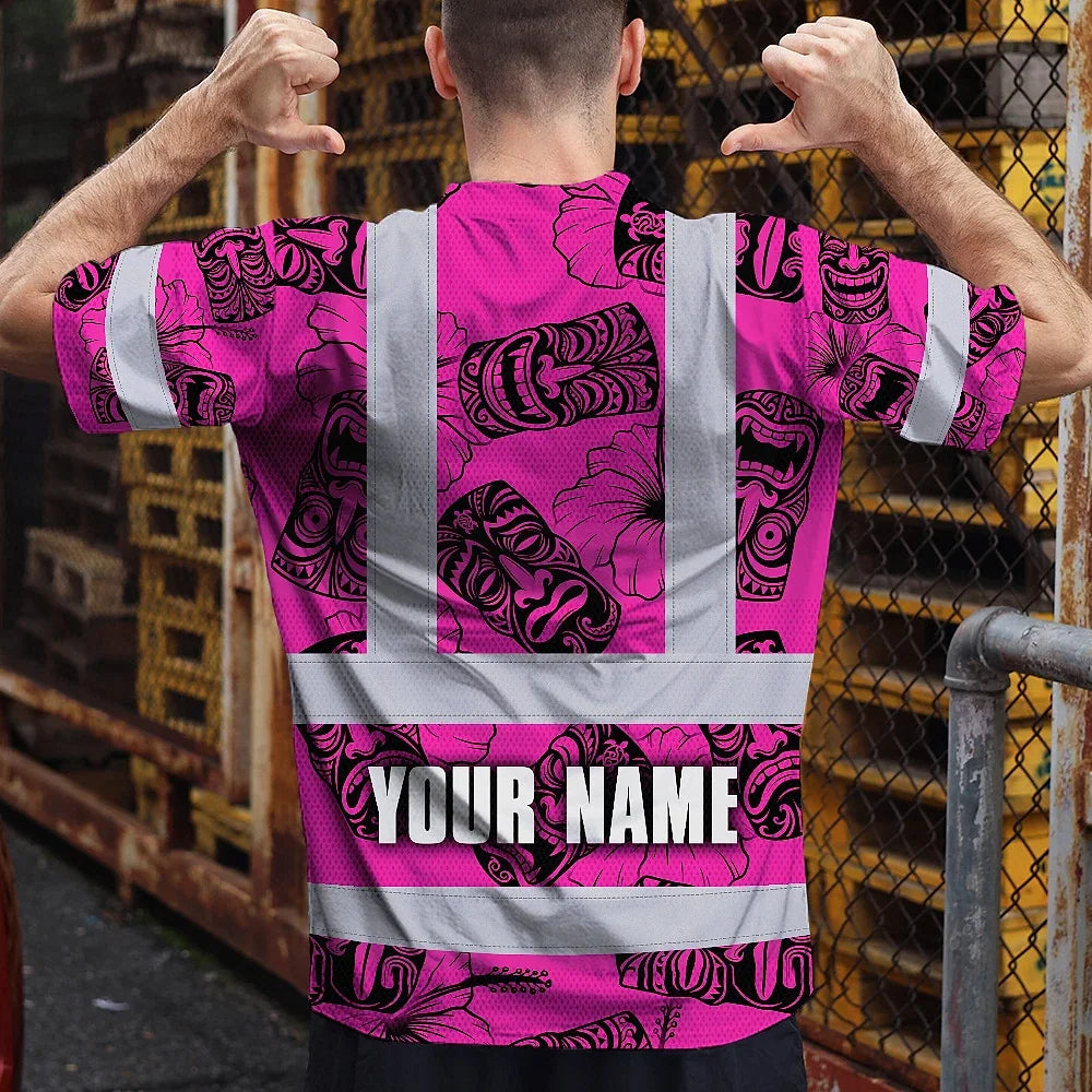 Hi Vis Shirt Reflective Tapes Pink Tiki Custom Name Safety Workwear For Workers, Truckers, Operators