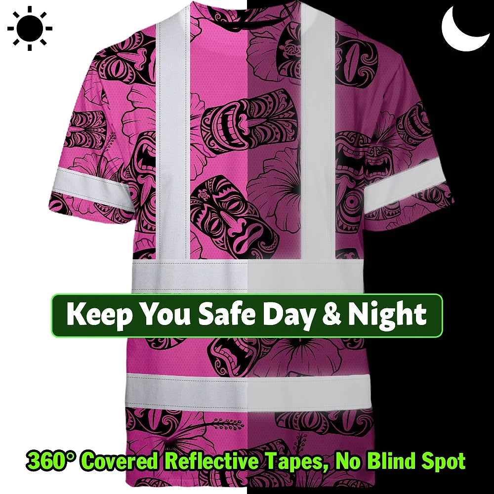 Hi Vis Shirt Reflective Tapes Pink Tiki Custom Name Safety Workwear For Workers, Truckers, Operators