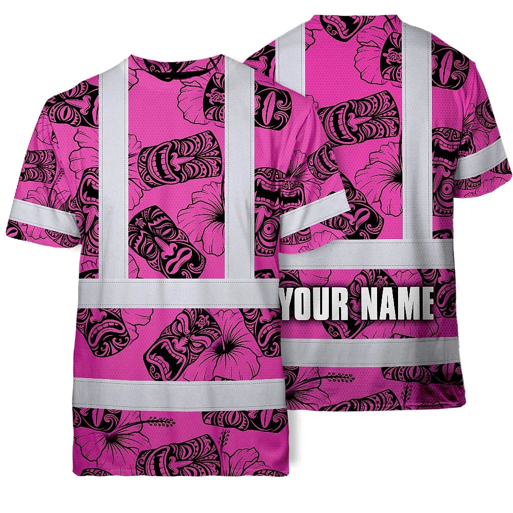 Hi Vis Shirt Reflective Tapes Pink Tiki Custom Name Safety Workwear For Workers, Truckers, Operators