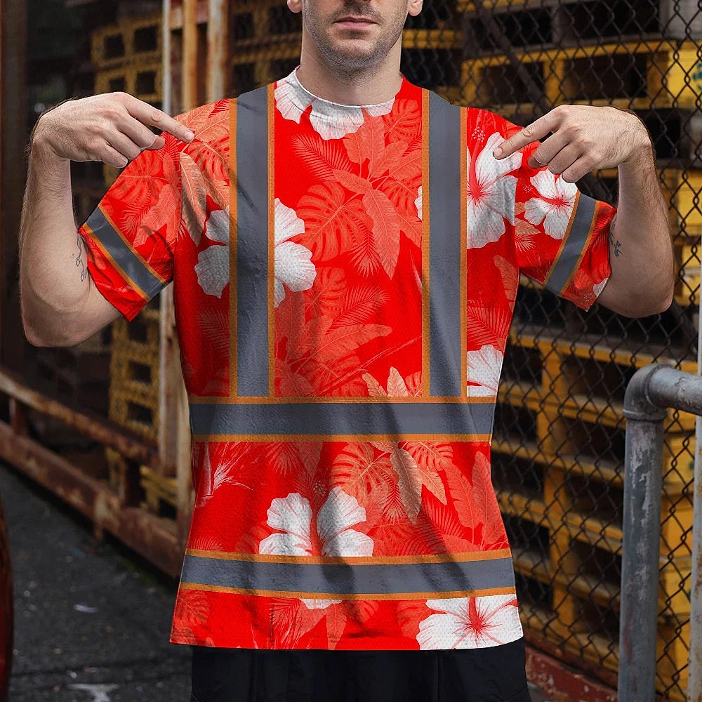 Hi Vis Shirt Reflective Tapes Red Neon Custom Name Safety Workwear For Workers, Truckers, Operators