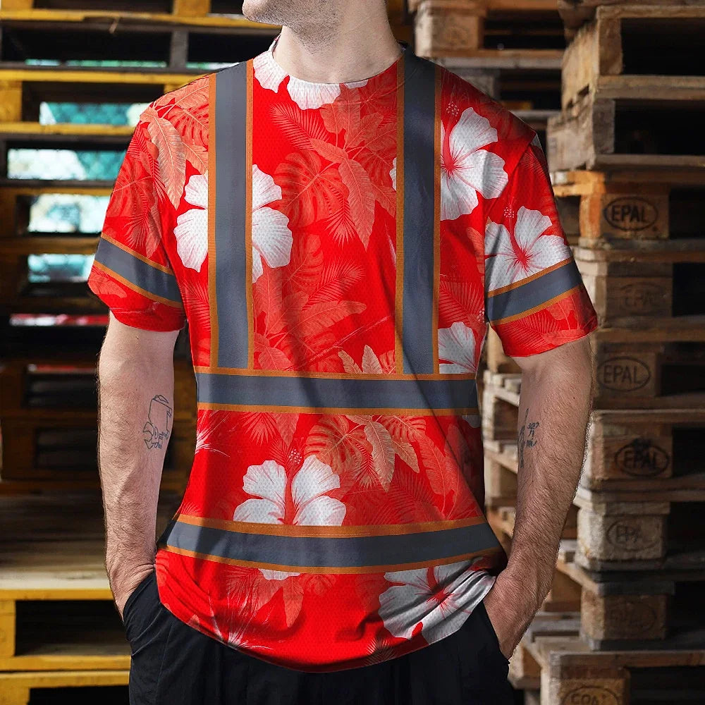 Hi Vis Shirt Reflective Tapes Red Neon Custom Name Safety Workwear For Workers, Truckers, Operators