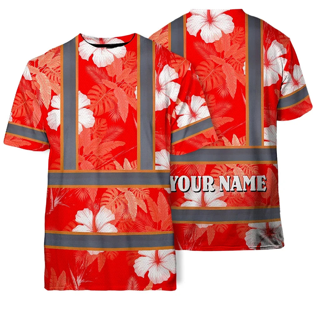 Hi Vis Shirt Reflective Tapes Red Neon Custom Name Safety Workwear For Workers, Truckers, Operators