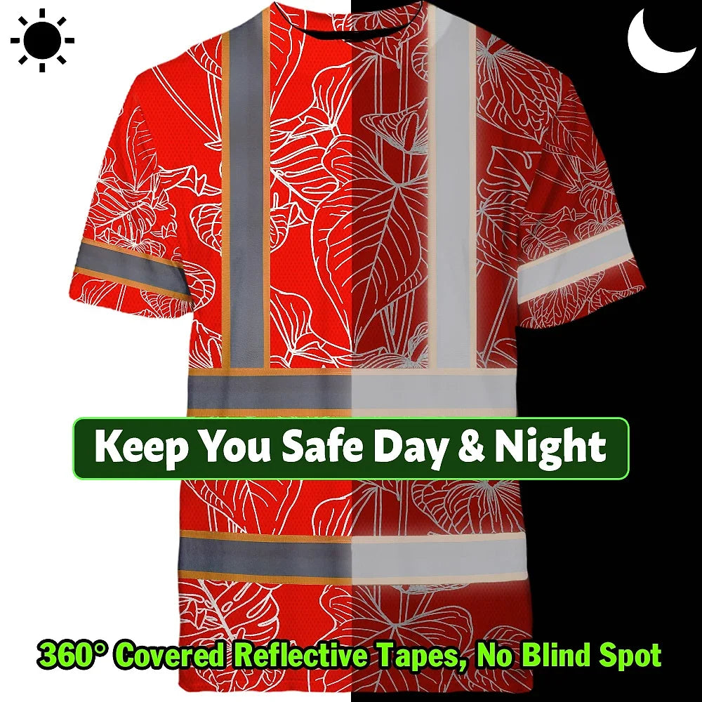Hi Vis Shirt Reflective Tapes Red Neon Flowers Custom Name Safety Workwear For Workers, Truckers, Operators