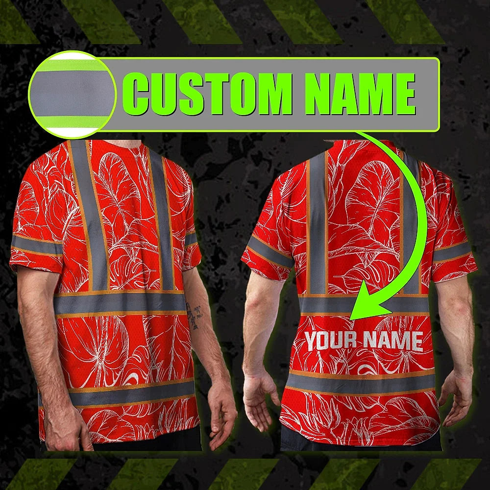 Hi Vis Shirt Reflective Tapes Red Neon Flowers Custom Name Safety Workwear For Workers, Truckers, Operators