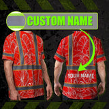Hi Vis Shirt Reflective Tapes Red Neon Flowers Custom Name Safety Workwear For Workers, Truckers, Operators