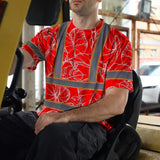 Hi Vis Shirt Reflective Tapes Red Neon Flowers Custom Name Safety Workwear For Workers, Truckers, Operators