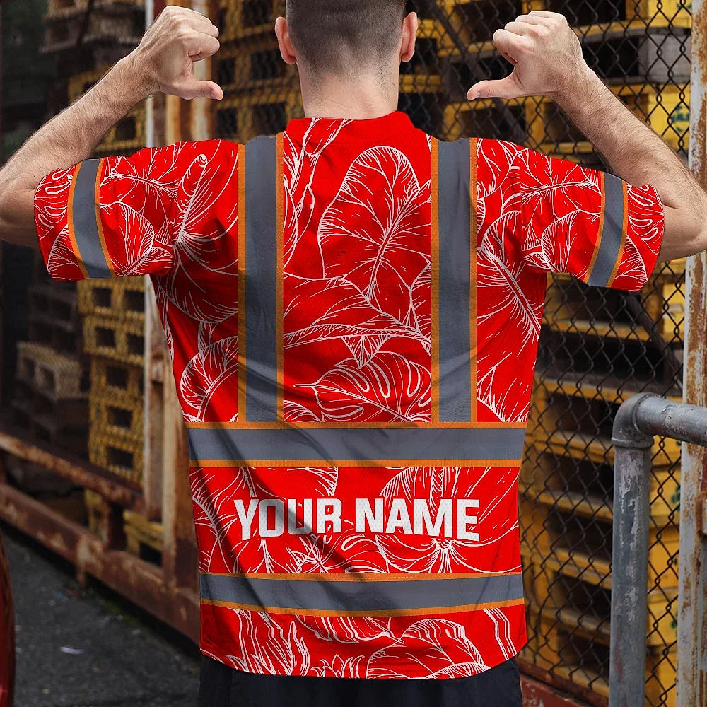 Hi Vis Shirt Reflective Tapes Red Neon Flowers Custom Name Safety Workwear For Workers, Truckers, Operators