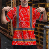 Hi Vis Shirt Reflective Tapes Red Neon Flowers Custom Name Safety Workwear For Workers, Truckers, Operators