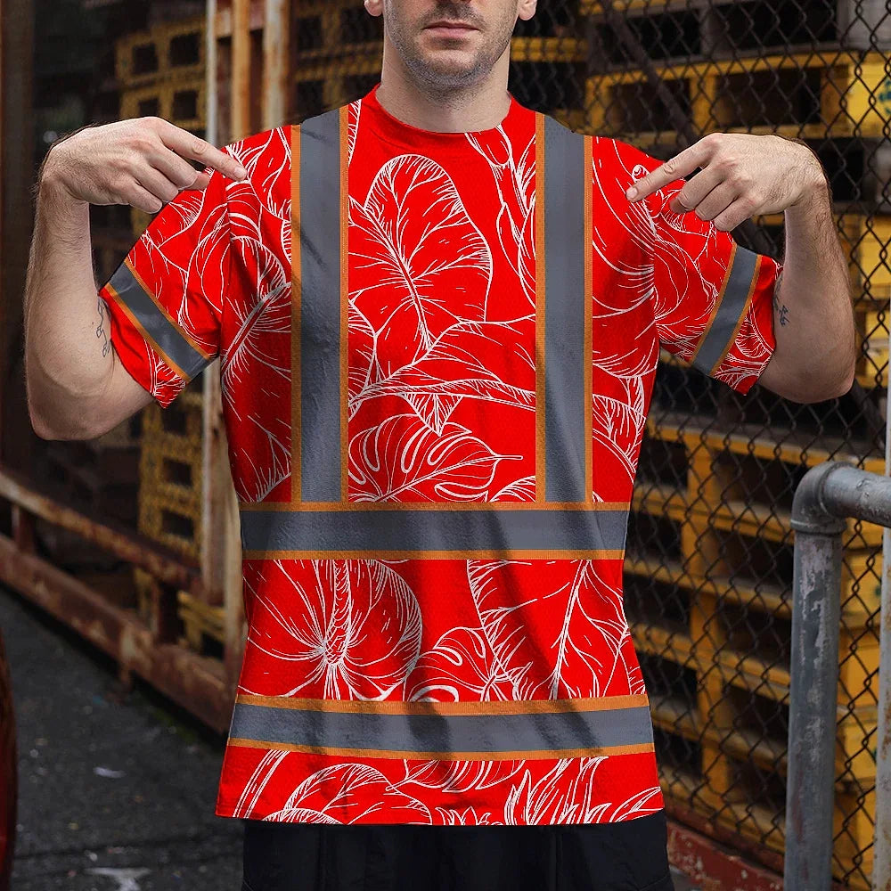 Hi Vis Shirt Reflective Tapes Red Neon Flowers Custom Name Safety Workwear For Workers, Truckers, Operators