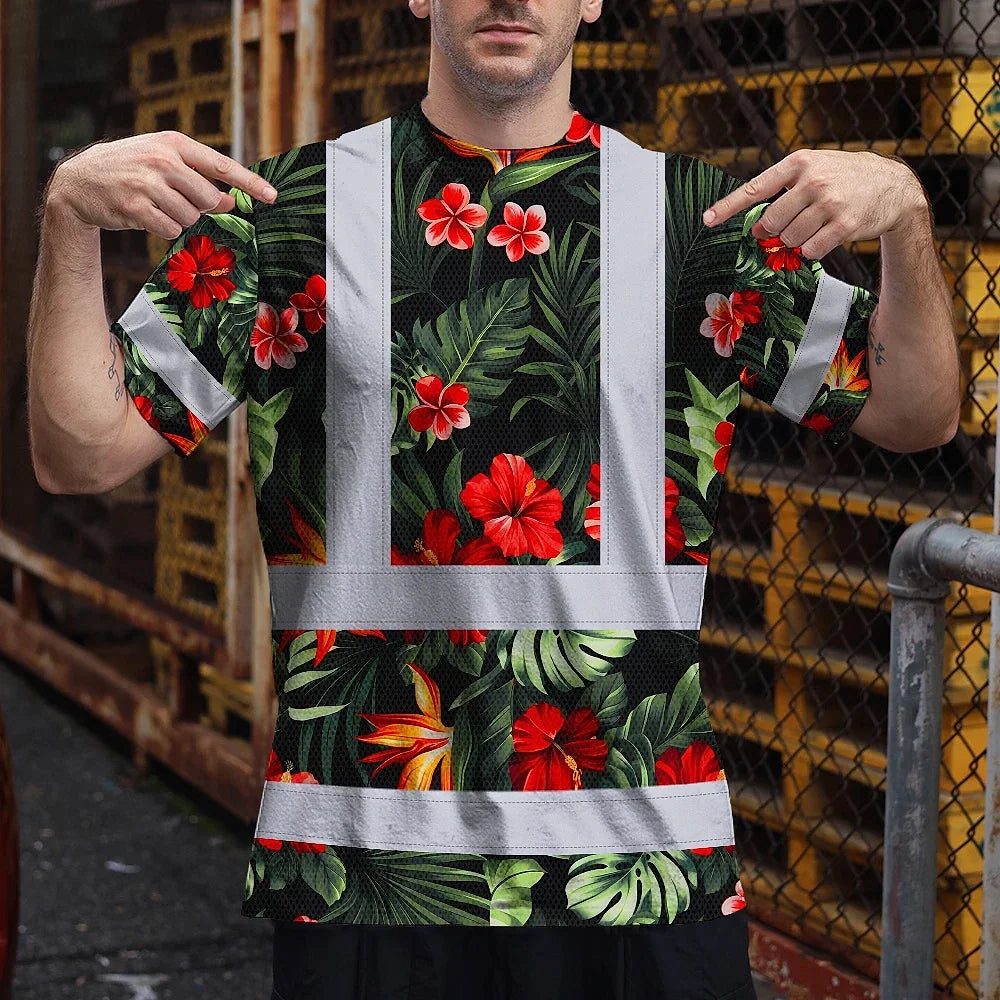 Hi Vis Shirt Reflective Tapes Red Neon Flowers Custom Name Safety Workwear For Workers, Truckers, Operators