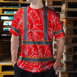 Hi Vis Shirt Reflective Tapes Red Neon Flowers Custom Name Safety Workwear For Workers, Truckers, Operators