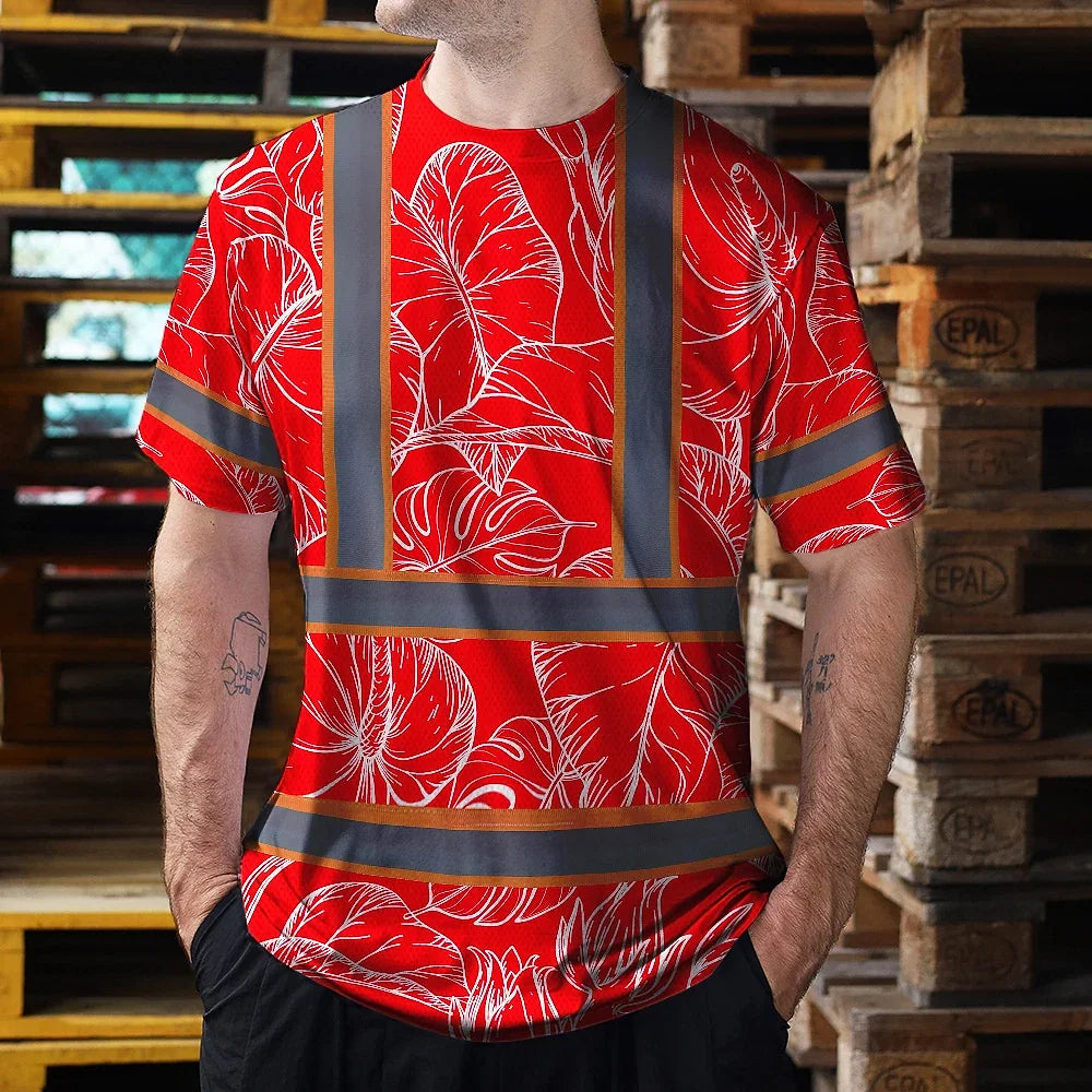Hi Vis Shirt Reflective Tapes Red Neon Flowers Custom Name Safety Workwear For Workers, Truckers, Operators