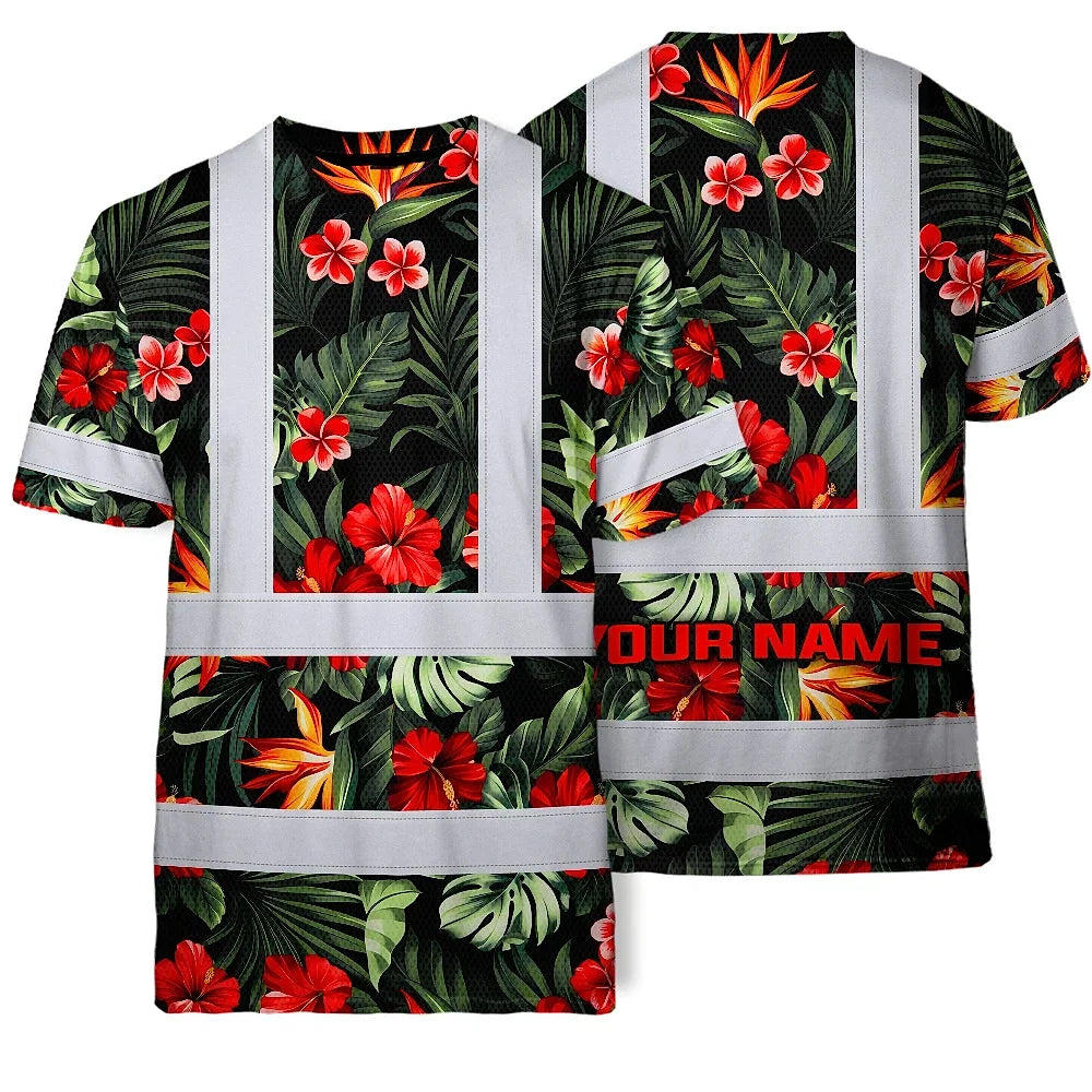 Hi Vis Shirt Reflective Tapes Red Neon Flowers Custom Name Safety Workwear For Workers, Truckers, Operators