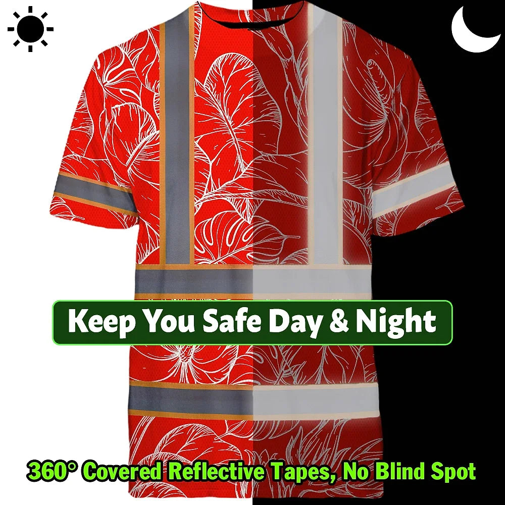 Hi Vis Shirt Reflective Tapes Red Neon Flowers Custom Name Safety Workwear For Workers, Truckers, Operators