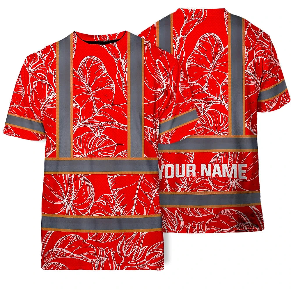 Hi Vis Shirt Reflective Tapes Red Neon Flowers Custom Name Safety Workwear For Workers, Truckers, Operators