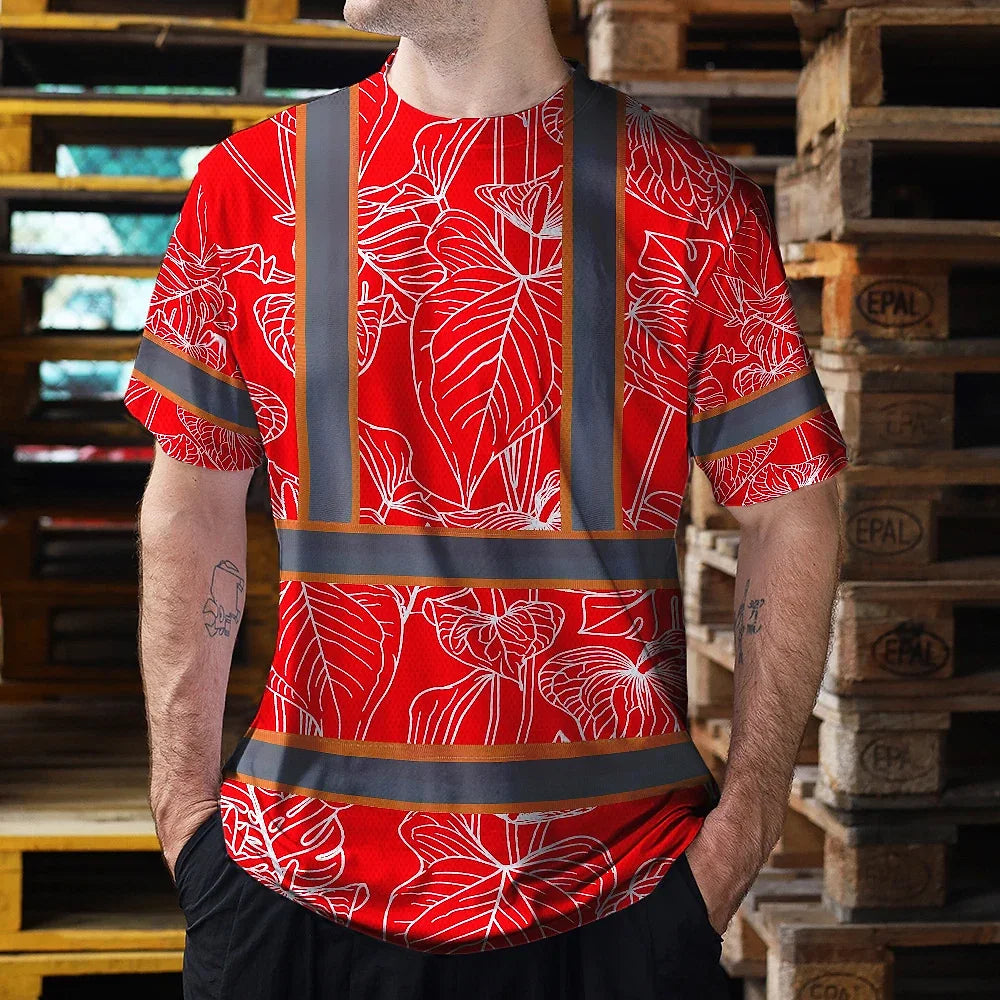 Hi Vis Shirt Reflective Tapes Red Neon Flowers Custom Name Safety Workwear For Workers, Truckers, Operators