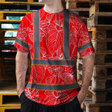 Hi Vis Shirt Reflective Tapes Red Neon Flowers Custom Name Safety Workwear For Workers, Truckers, Operators
