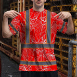 Hi Vis Shirt Reflective Tapes Red Neon Flowers Custom Name Safety Workwear For Workers, Truckers, Operators