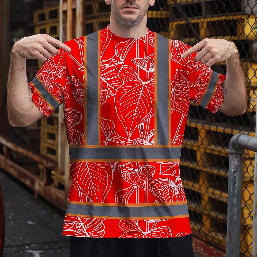 Hi Vis Shirt Reflective Tapes Red Neon Flowers Custom Name Safety Workwear For Workers, Truckers, Operators