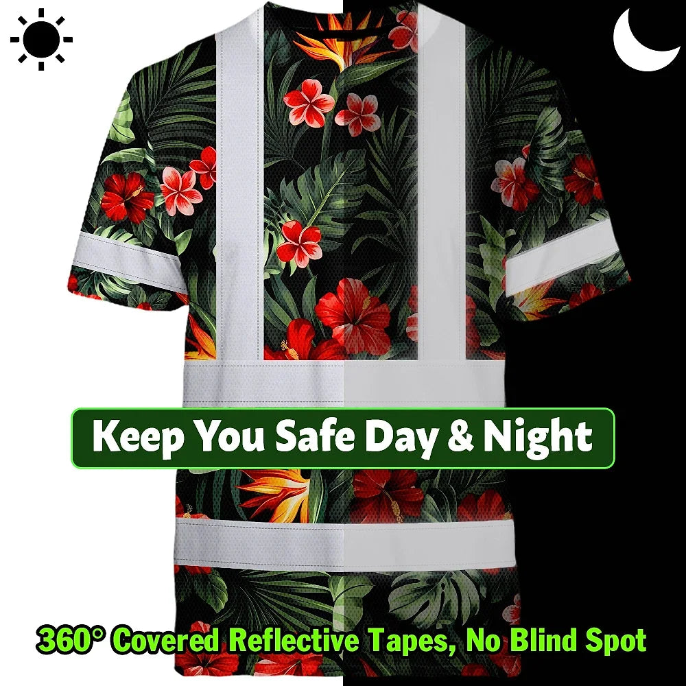 Hi Vis Shirt Reflective Tapes Red Neon Flowers Custom Name Safety Workwear For Workers, Truckers, Operators