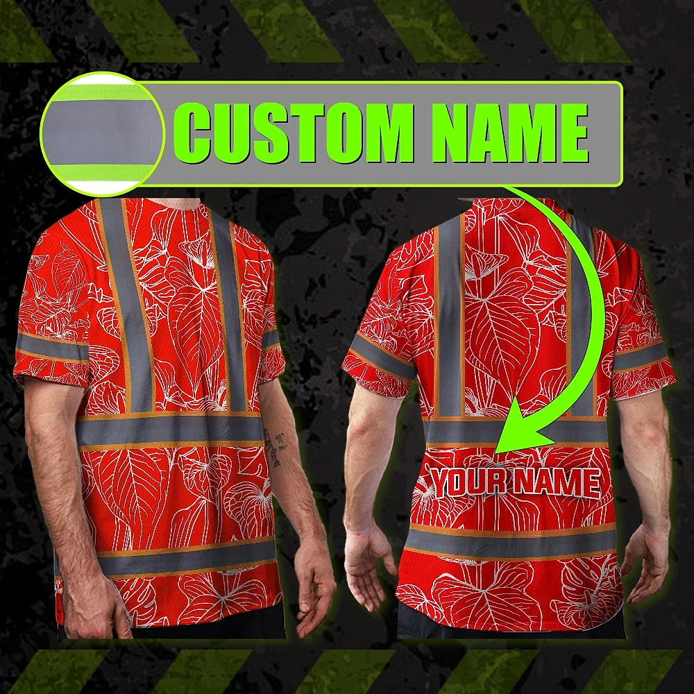 Hi Vis Shirt Reflective Tapes Red Neon Flowers Custom Name Safety Workwear For Workers, Truckers, Operators
