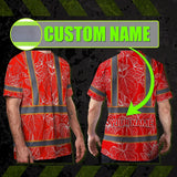 Hi Vis Shirt Reflective Tapes Red Neon Flowers Custom Name Safety Workwear For Workers, Truckers, Operators