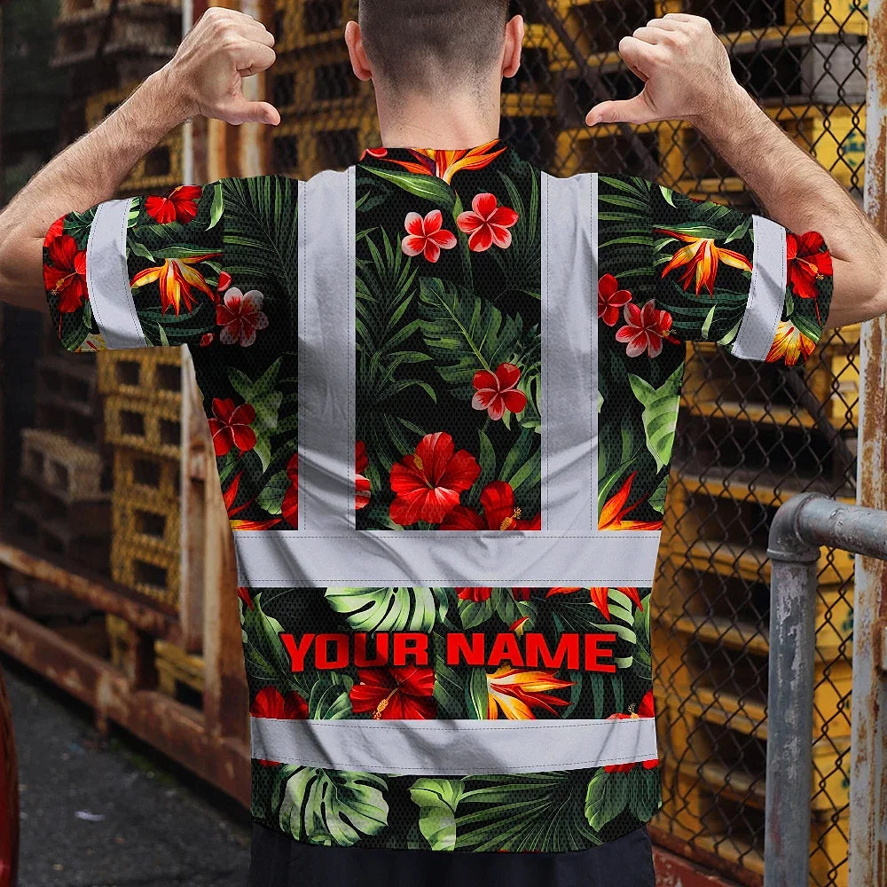 Hi Vis Shirt Reflective Tapes Red Neon Flowers Custom Name Safety Workwear For Workers, Truckers, Operators