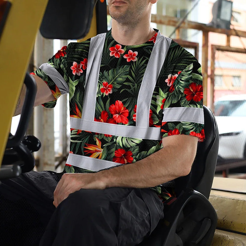 Hi Vis Shirt Reflective Tapes Red Neon Flowers Custom Name Safety Workwear For Workers, Truckers, Operators