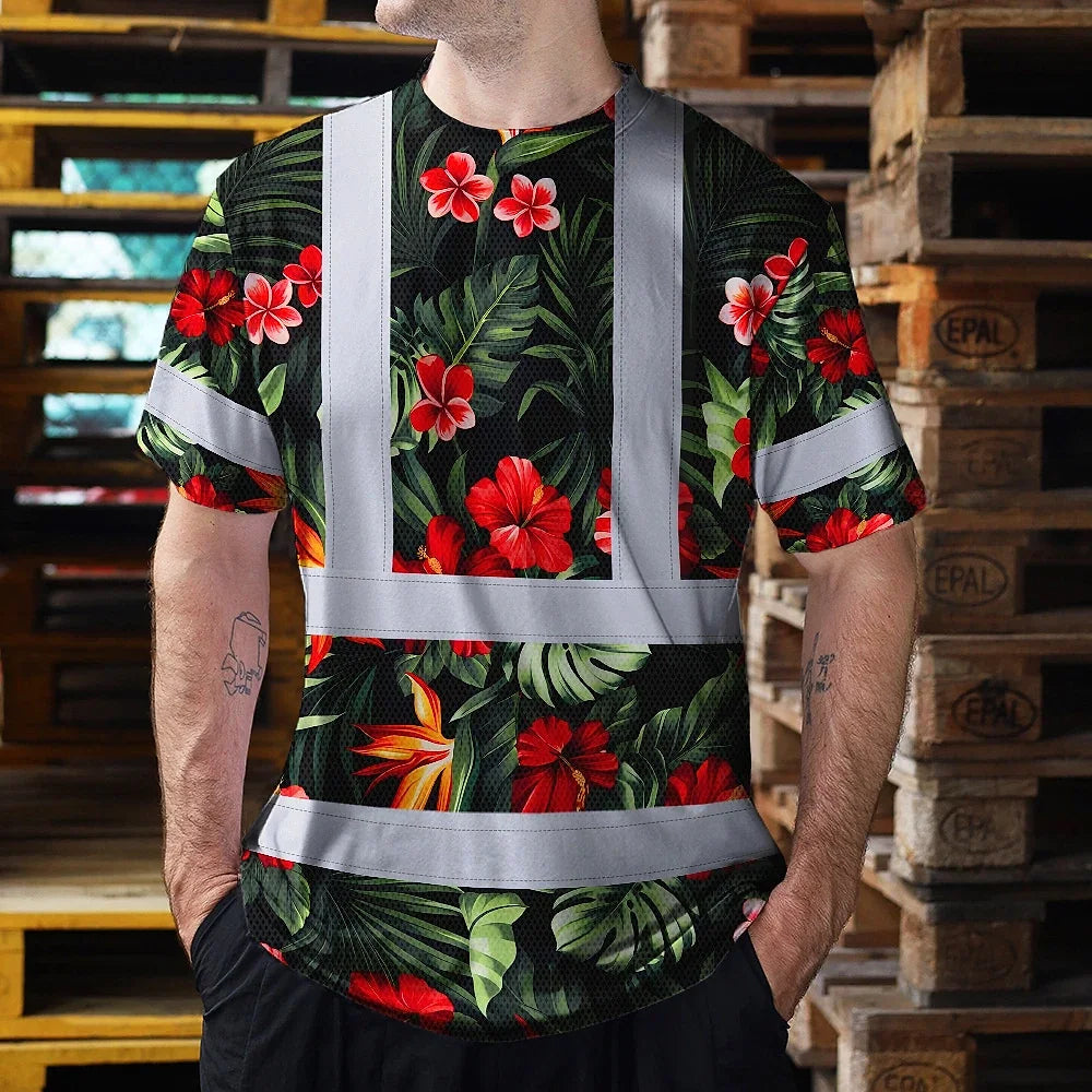 Hi Vis Shirt Reflective Tapes Red Neon Flowers Custom Name Safety Workwear For Workers, Truckers, Operators