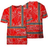 Hi Vis Shirt Reflective Tapes Red Neon Flowers Custom Name Safety Workwear For Workers, Truckers, Operators