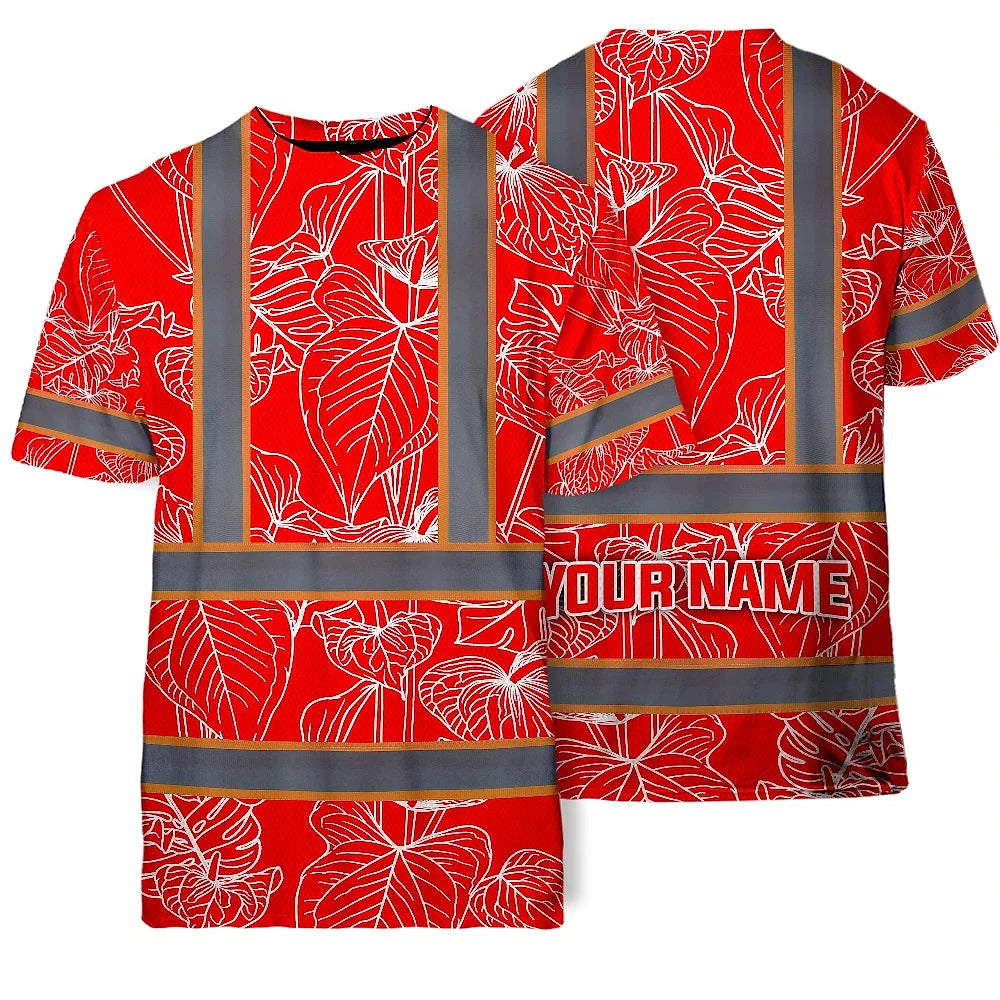 Hi Vis Shirt Reflective Tapes Red Neon Flowers Custom Name Safety Workwear For Workers, Truckers, Operators